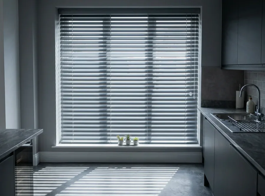 Aluminium venetian blind with slats tilted part-open across a wide kitchen window
