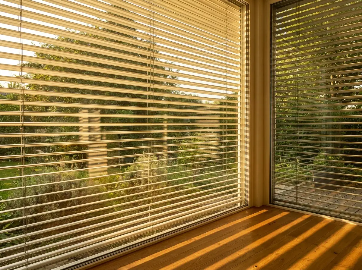 Aluminium venetian blind slats tilted to a soft diagonal angle across a tall Menlo Park living-room window