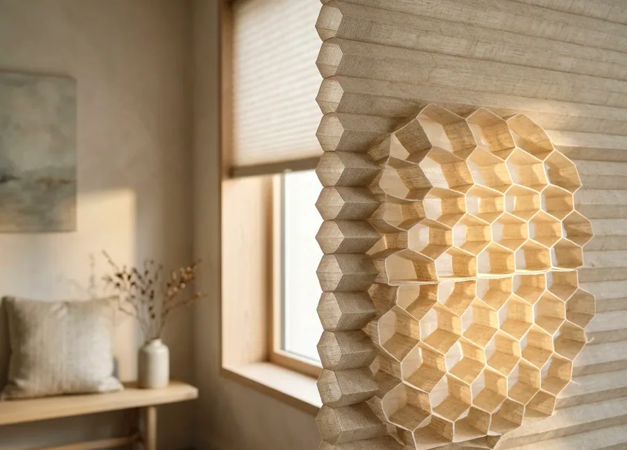 Cellular honeycomb blind fabric showing the insulating air cells in cross-section