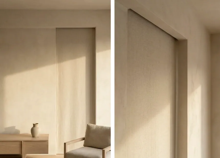 Blind fabric dropping from a slim concealed ceiling recess, hardware completely hidden