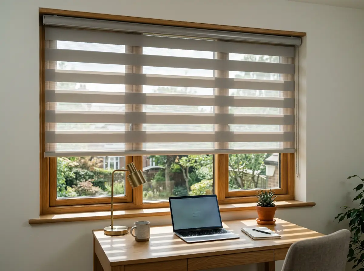Day and night blind with alternating sheer and solid bands drawn across a Hazelwood home-office window