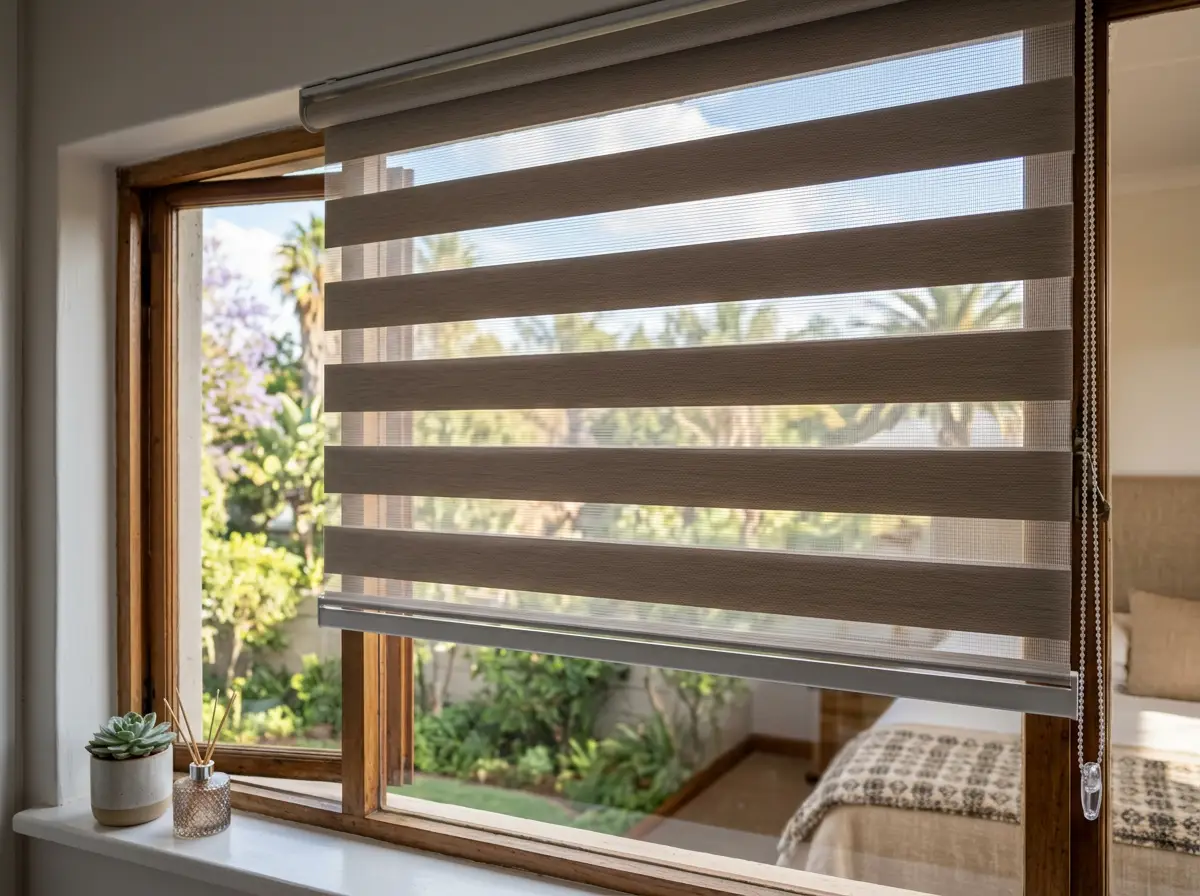 Close-up of a day and night blind's sheer and solid fabric bands, half-open in a Hazelwood bedroom
