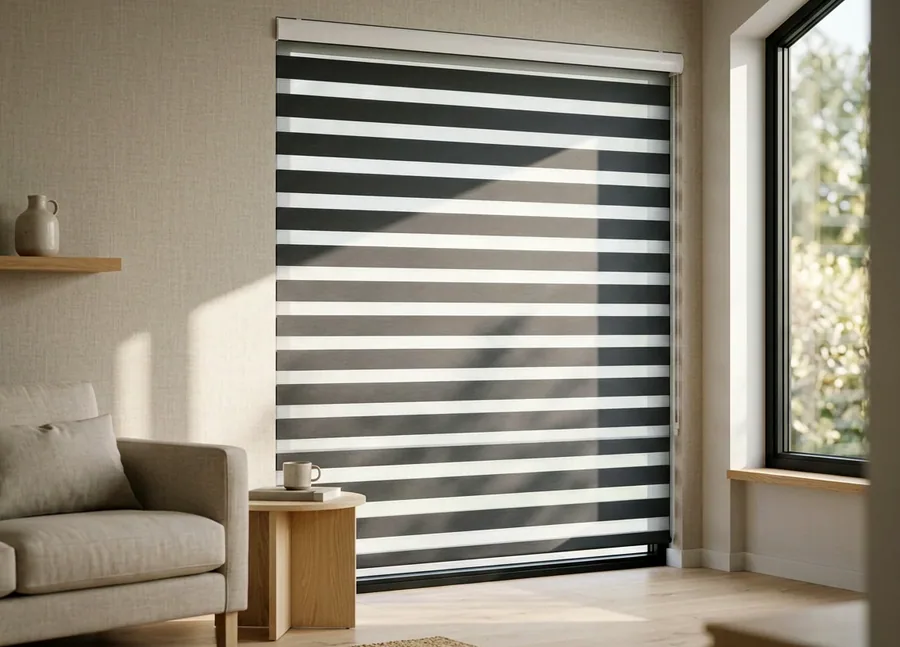 Day and night blind with alternating sheer and solid bands across a living-room window