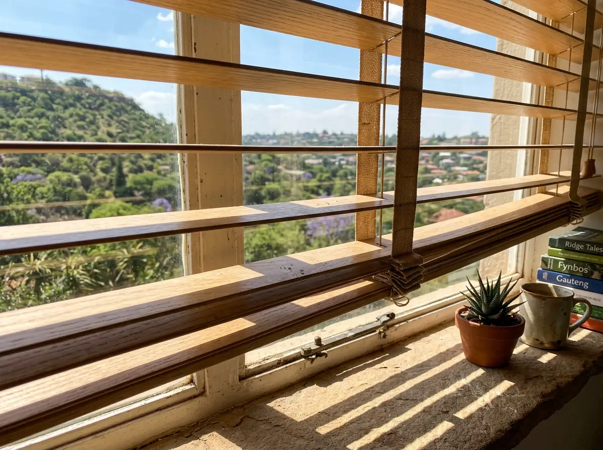 Close-up of light oak venetian blind slats tilted half-open, casting linear shadows across a sunlit Groenkloof windowsill