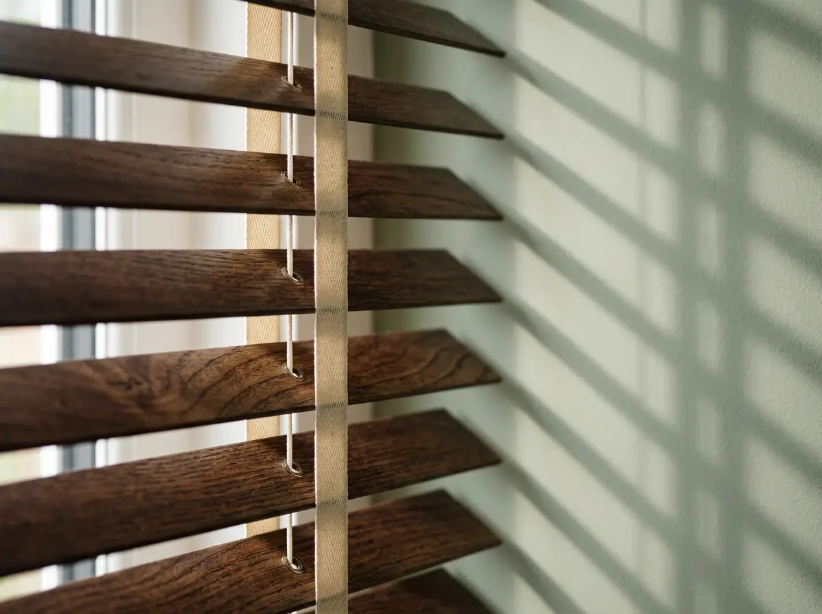 Close-up of dark timber venetian slats and their cream ladder tapes, throwing striped shadow onto a pale wall