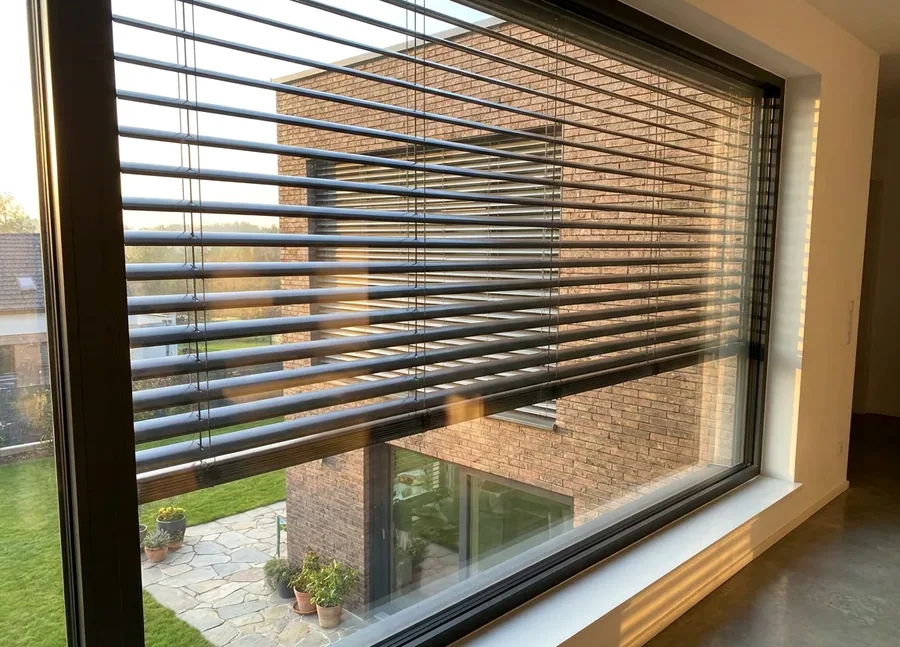 External venetian blind with aluminium louvres mounted outside a large window