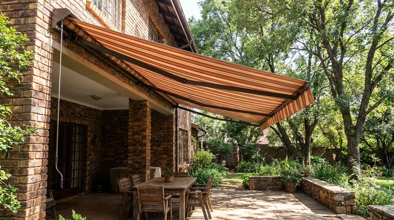 A retractable folding-arm awning extended with no posts over a paved Hazelwood terrace table, huge established trees shading the leafy garden around it