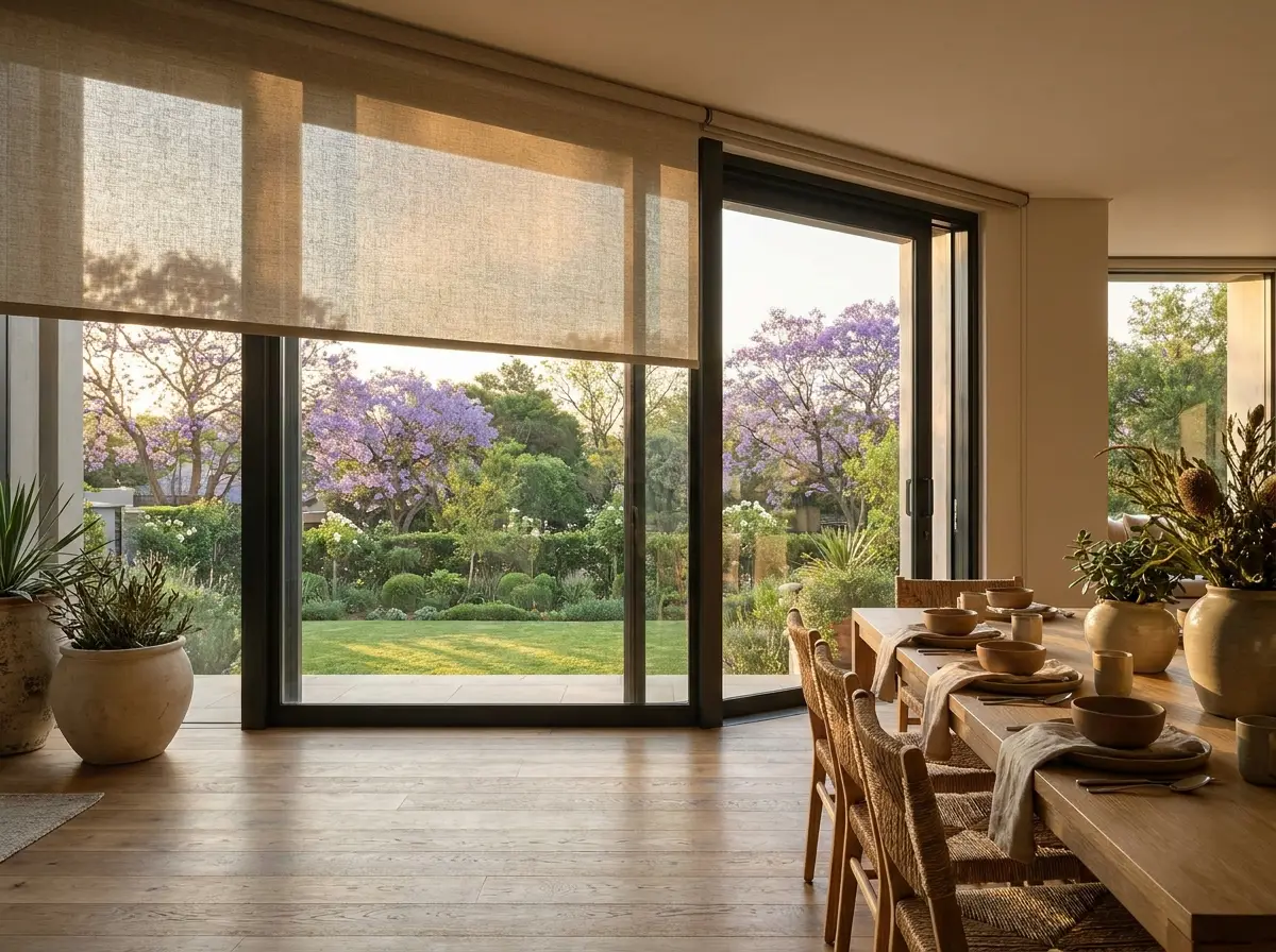 Sunscreen roller blind fabric half-drawn over a sliding glass door in an upscale Brooklyn dining room, garden and jacarandas visible beyond the glass