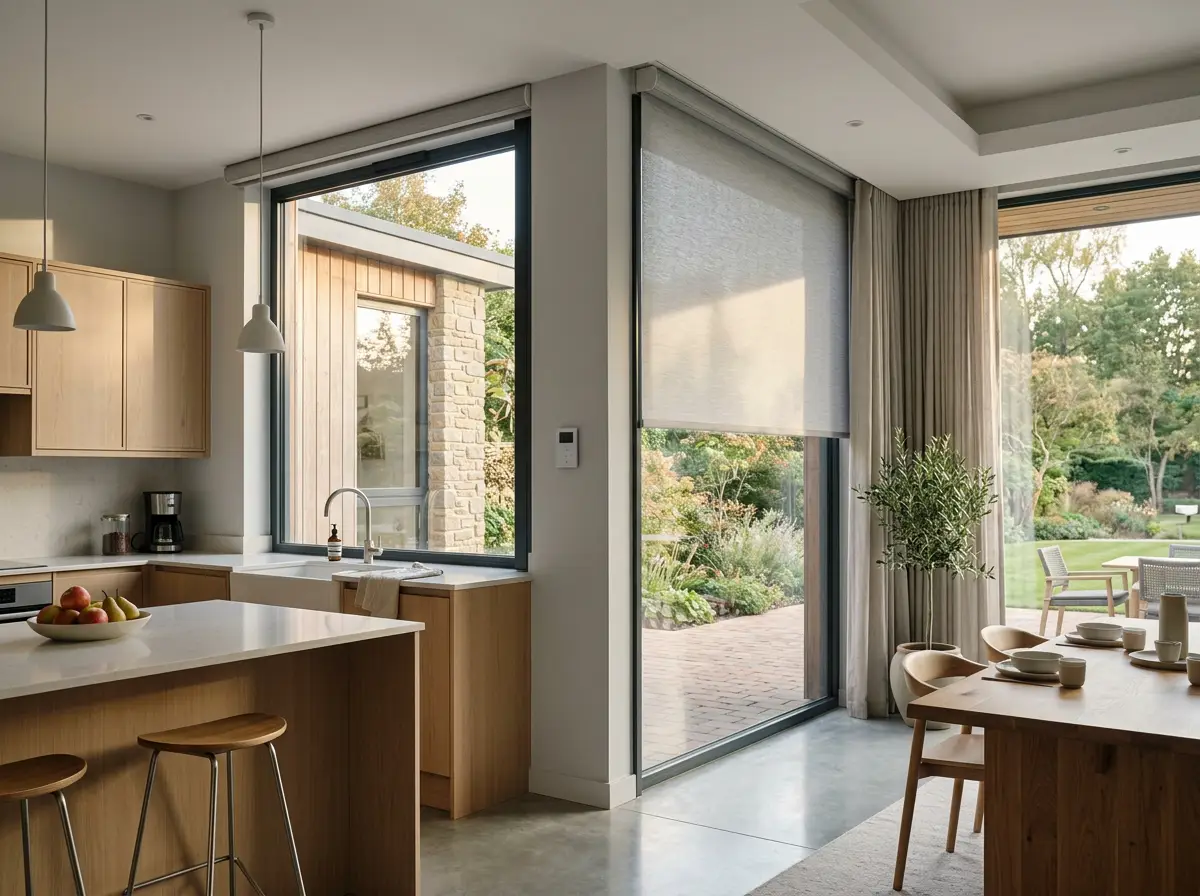 Motorised roller blind partway down a tall corner window in a contemporary Hazelwood kitchen, wall-mounted control panel beside the frame