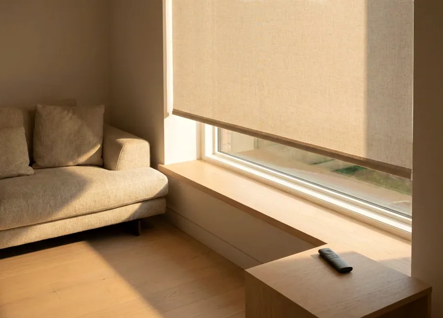 Motorised roller blind lowering over a wide window, the remote resting on the sill