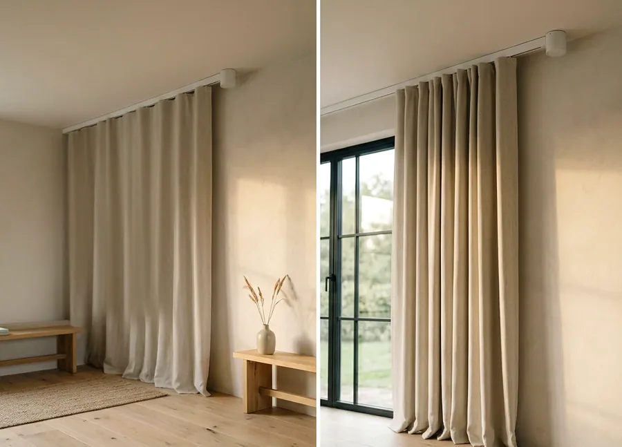 Floor-length curtains gliding on a motorised ceiling track in a Hazelwood living room