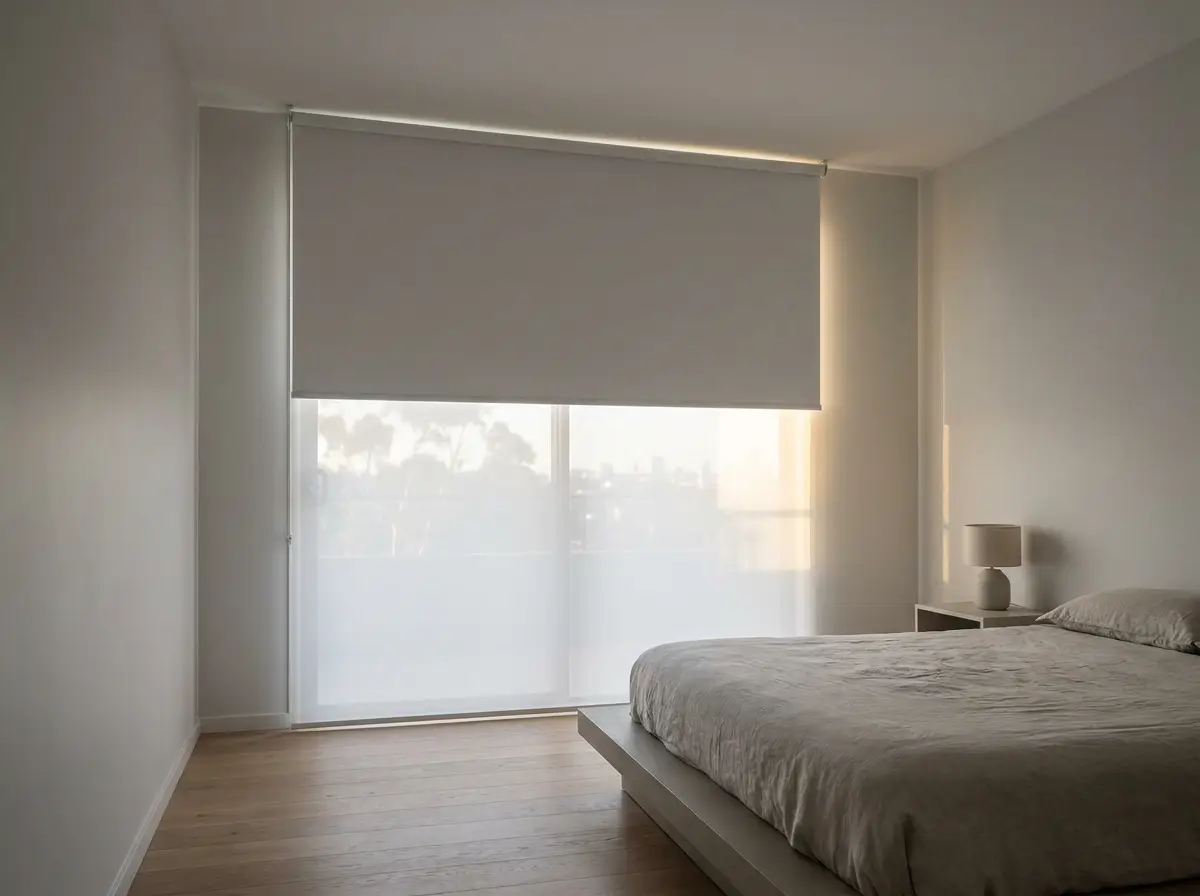 A crisp white blockout roller blind fully lowered over a Hazelwood bedroom window, soft morning light glowing at the fabric edges