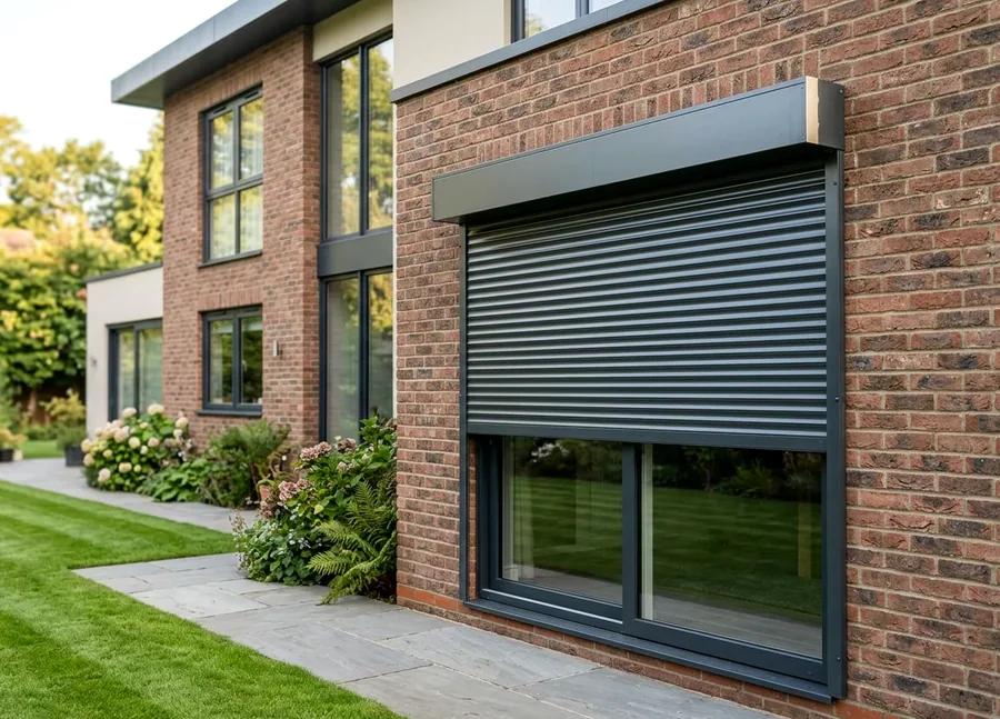 External aluminium roller shutter rolled part-way down on the outside of a ground-floor window