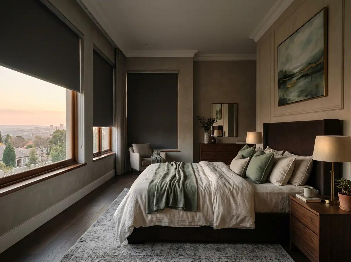 Charcoal blockout roller blinds in a Hazelwood main bedroom, one raised onto a sunset view over Pretoria
