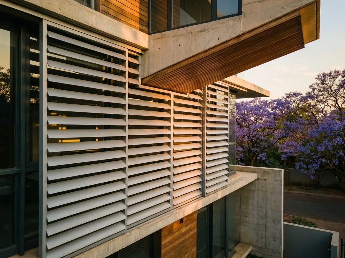 External aluminium venetian blind louvres shading a Hazelwood facade in late-afternoon light