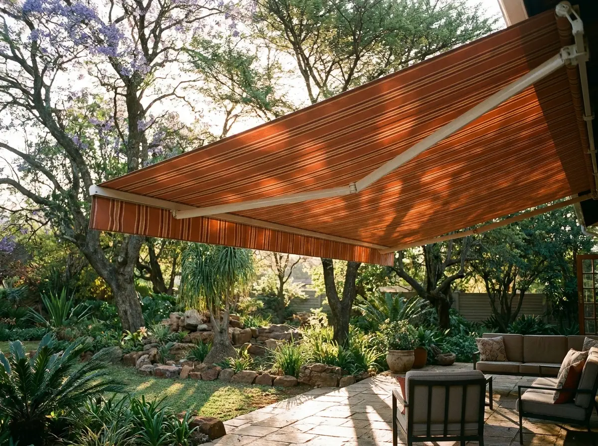 A wide folding-arm awning fully extended over a spacious Lynnwood veranda, dappled late-afternoon light through mature garden trees