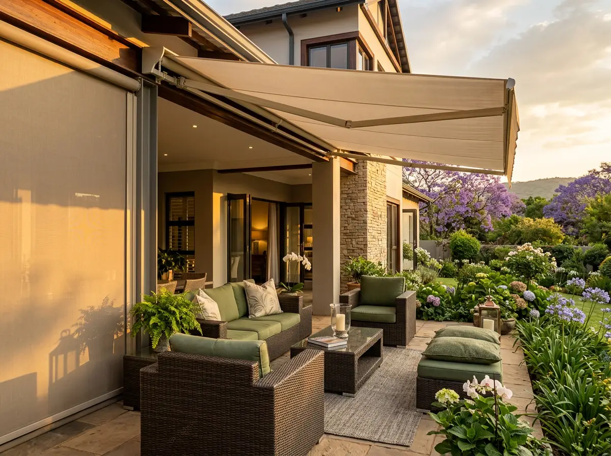 Folding-arm awning and a zip screen shading a Hazelwood patio at golden hour, jacarandas in the garden beyond