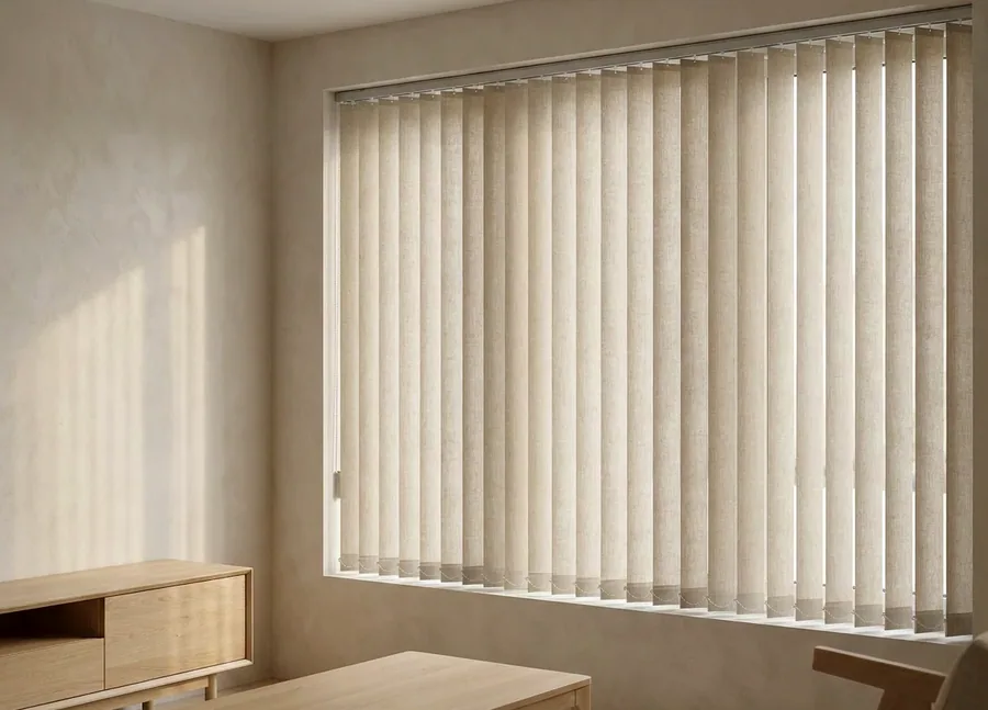 Vertical blind vanes hanging across a wide corner window in a Hazelwood home